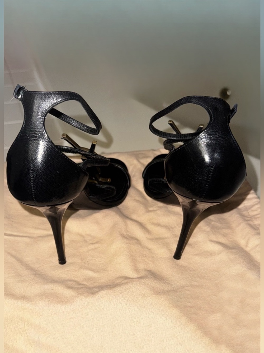 Saint Laurent Black Leather Stiletto Sandals with Gold YSL Logo - Picture 9 of 11